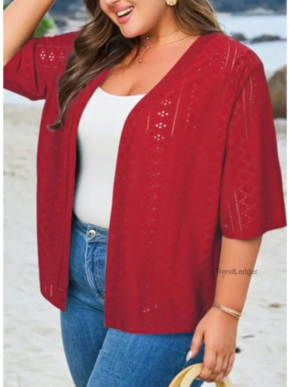 Plus Size Half Sleeve Knitted Jacquard Kimono Cardigan Summer Cover Up